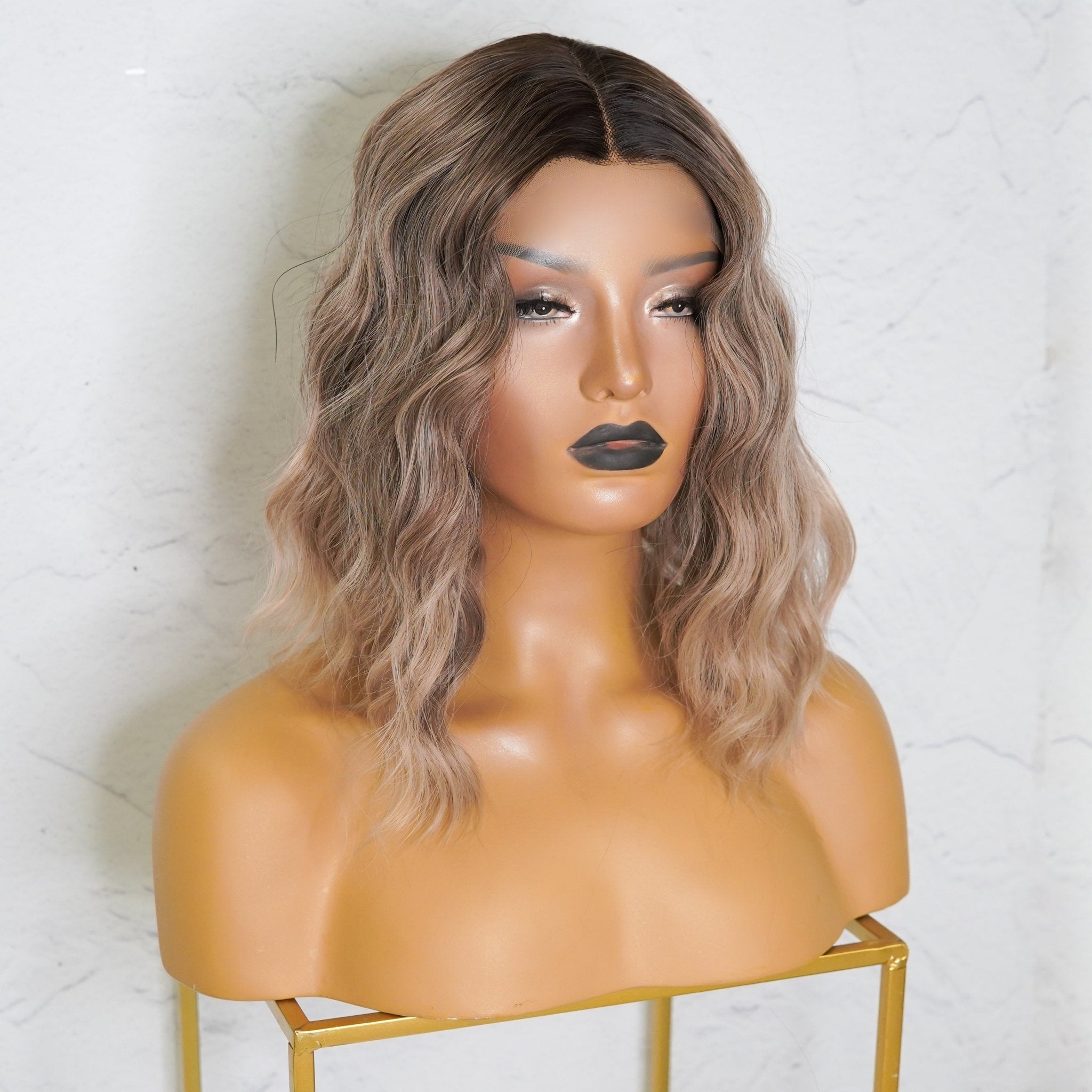 ALESSANDRA - Ombre Ash Blonde - Lace Front Wig | Brown, 12 Inch & Shorter, T-Part Lace Front, Synthetic Hair | Milk & Honey Wigs