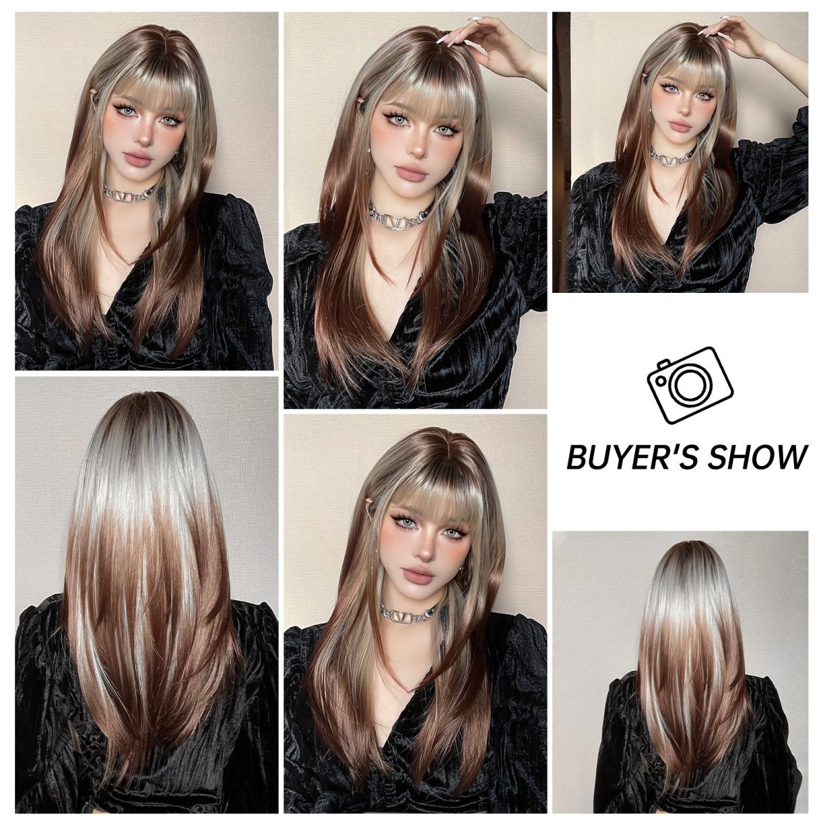 Ash Blonde and Chestnut Brown Layered Wig - MARKETPLACE | Brown, Fringe, Synthetic Hair | Milk & Honey Wigs