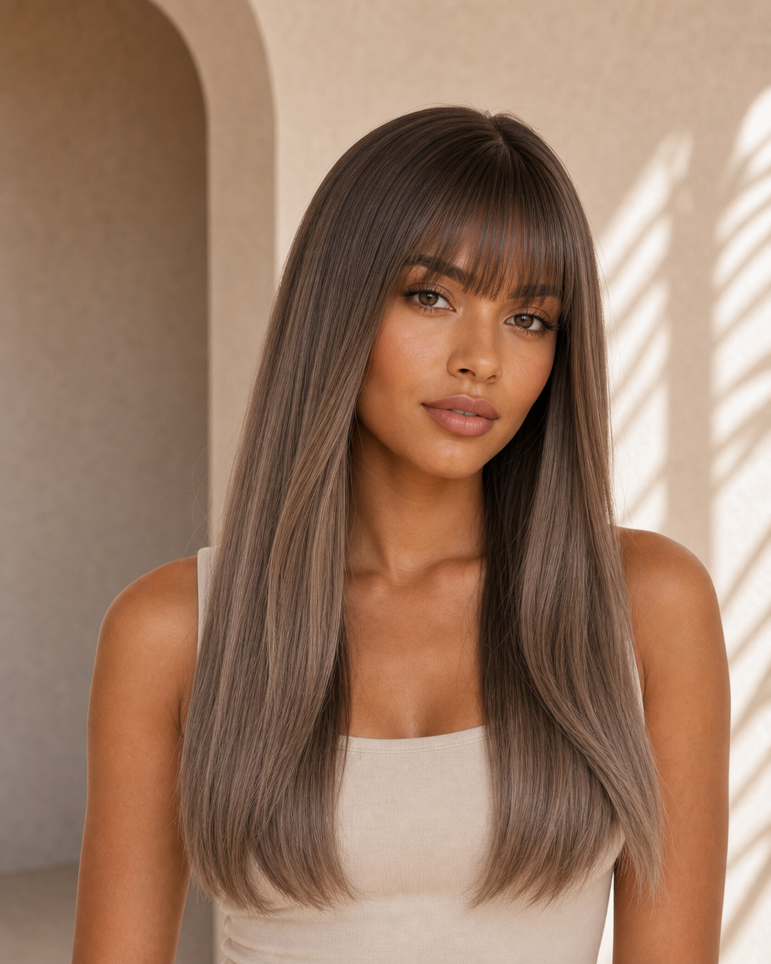 Ash Brown synthetic straight full fringe wig | Milk & Honey Wigs