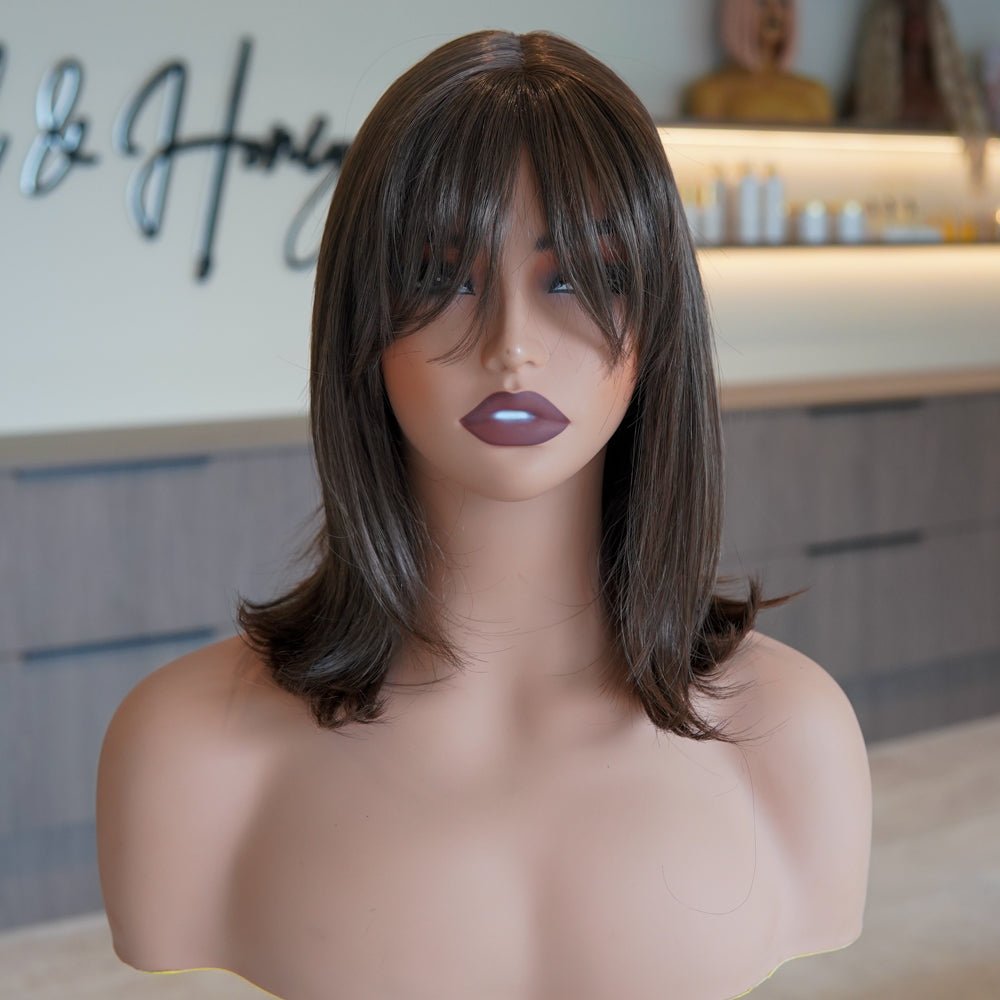 BIANCA dark brown synthetic fringe lace front wig | Milk & Honey Wigs
