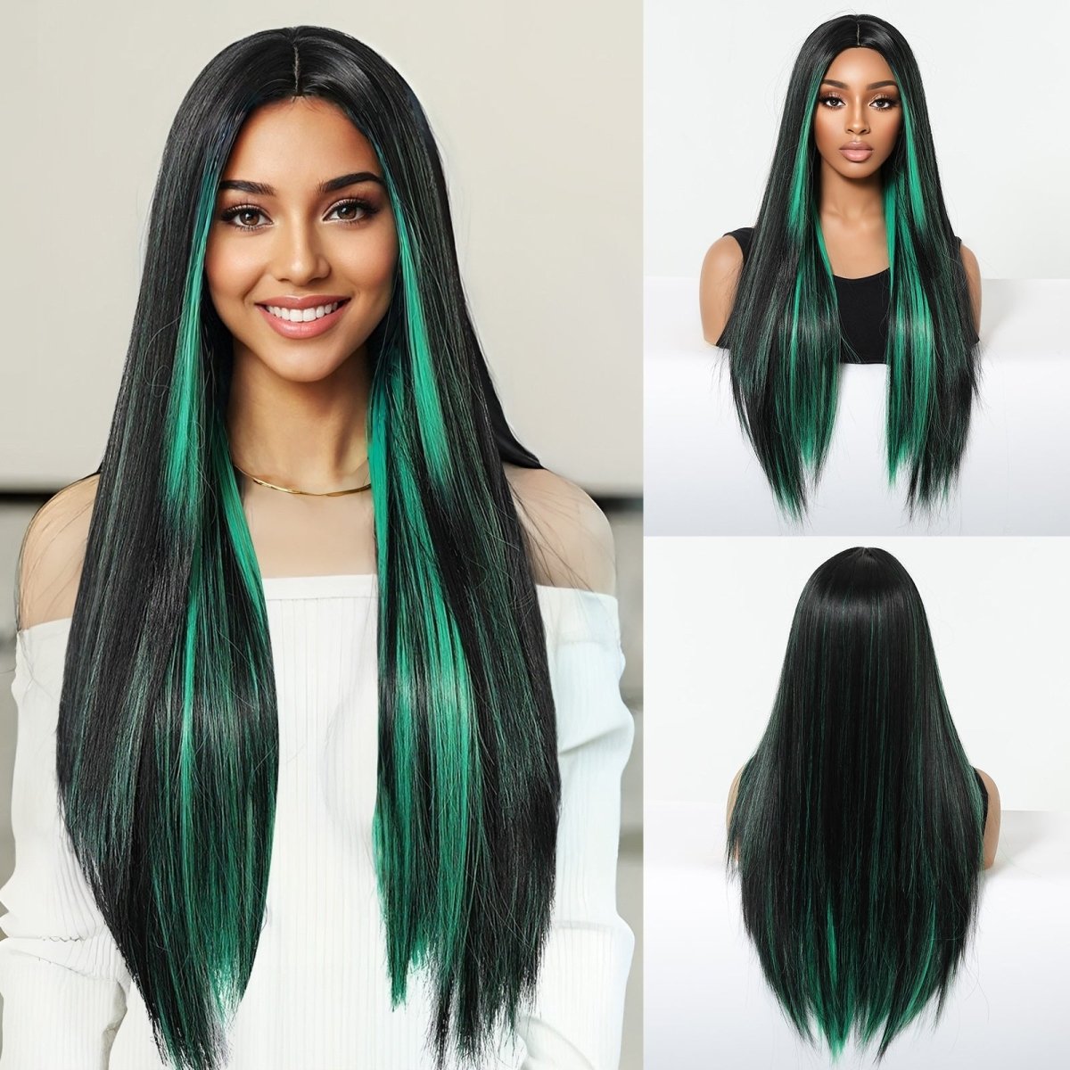 Black Wig with Emerald Green Face-Framing Highlights Wig - MARKETPLACE | Green, Fringe, Synthetic Hair | Milk & Honey Wigs