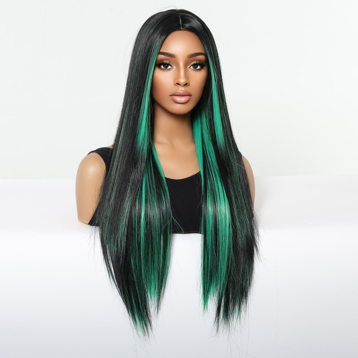 Black Wig with Emerald Green Face-Framing Highlights Wig - MARKETPLACE | Green, Fringe, Synthetic Hair | Milk & Honey Wigs