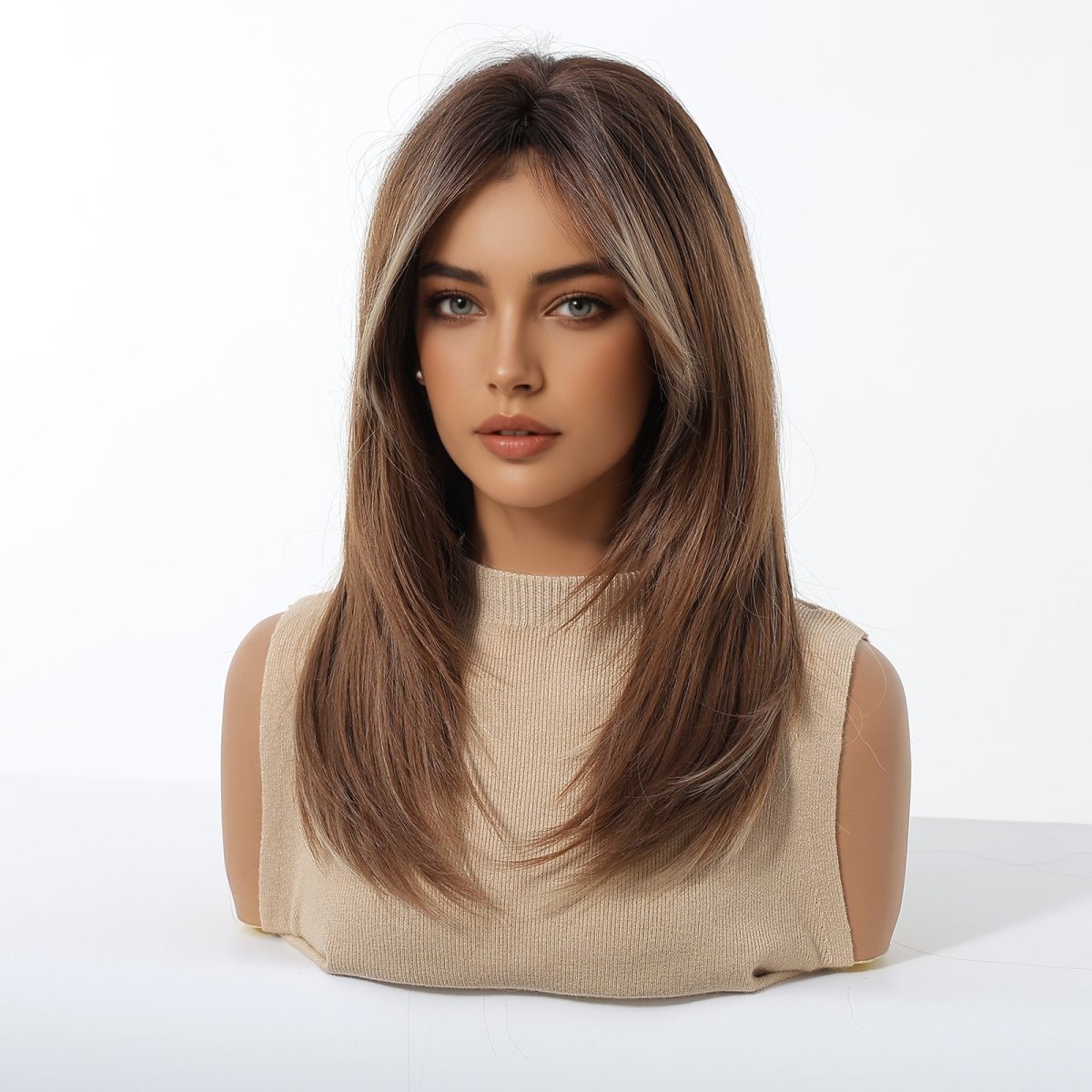 Caramel Brown with Ash Blonde Highlight Wig - MARKETPLACE | Brown, Fringe, Synthetic Hair | Milk & Honey Wigs