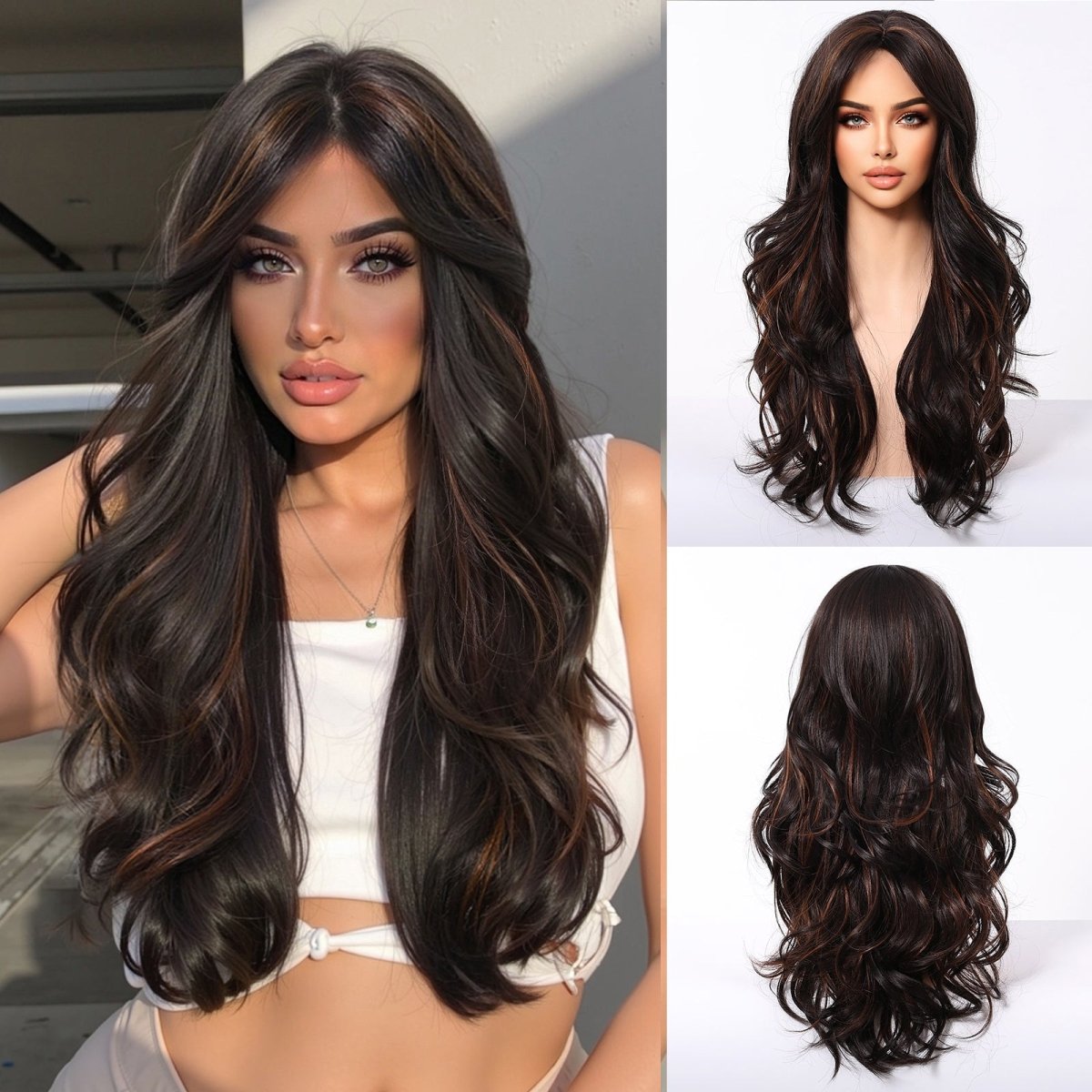Dark Brown Wig Caramel Highlights Wig - MARKETPLACE | Brown, Fringe, Synthetic Hair | Milk & Honey Wigs