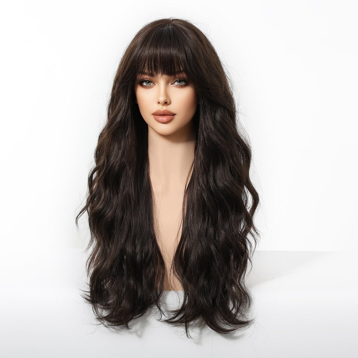 Dark Chocolate Wavy Wig with Full Fringe - MARKETPLACE | Brown, Fringe, Synthetic Hair | Milk & Honey Wigs
