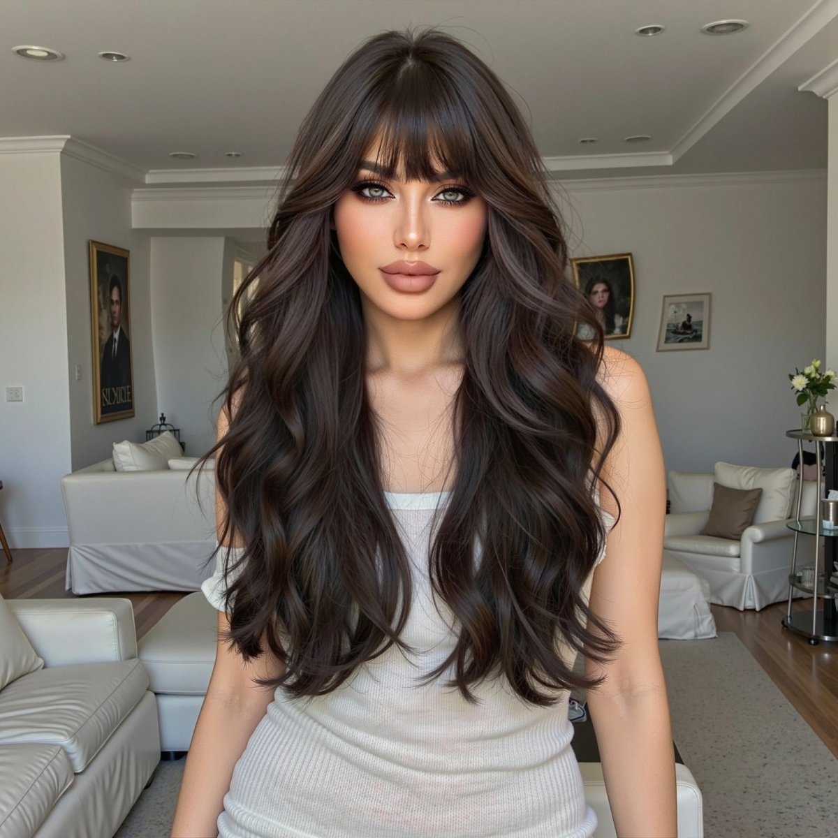 Dark Chocolate Wavy Wig with Full Fringe - MARKETPLACE | Brown, Fringe, Synthetic Hair | Milk & Honey Wigs