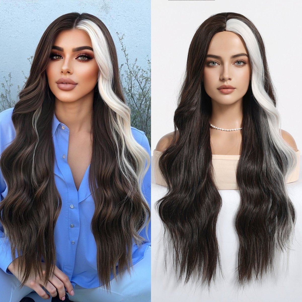 Ebony Waves with Front Platinum Highlights Wig - MARKETPLACE | Black, Fringe, Synthetic Hair | Milk & Honey Wigs