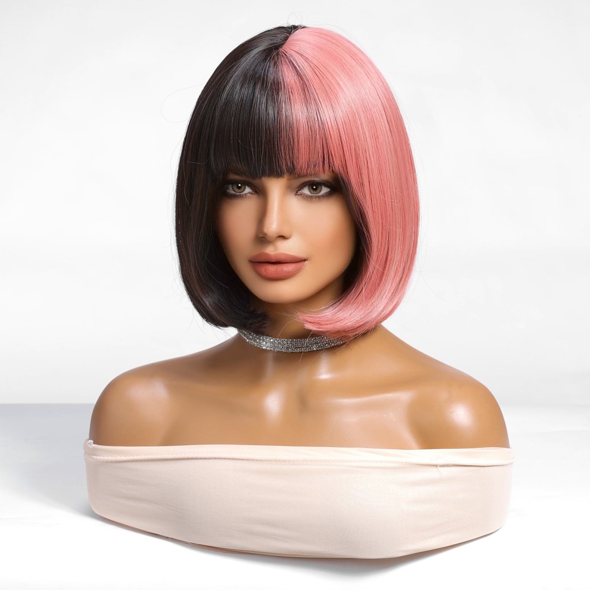 Half Pink Half Black Blunt Bob with Full Fringe Wig - MARKETPLACE | Pink, Fringe, Synthetic Hair | Milk & Honey Wigs