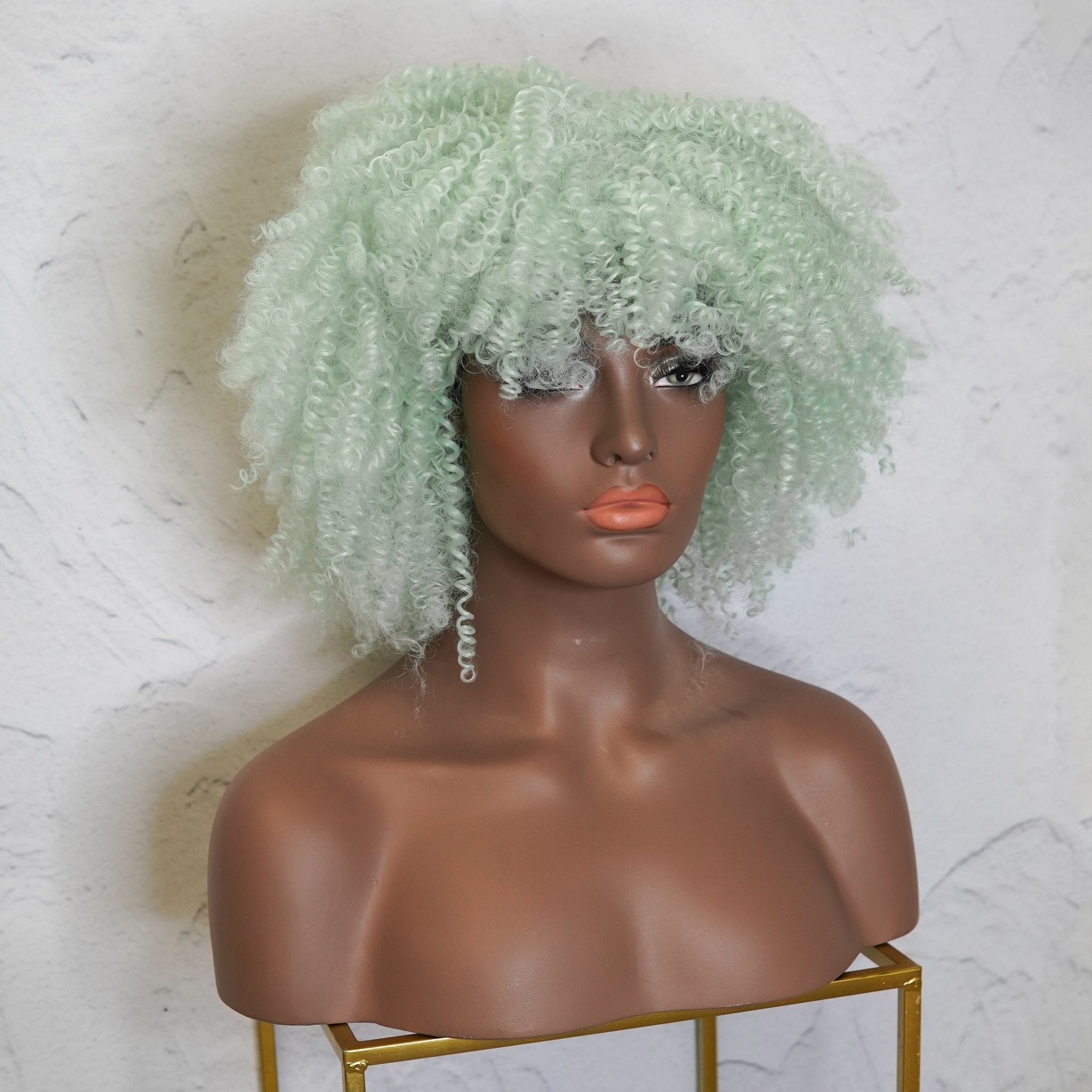 JAYDA - Mint Blue - Afro Curl Wig | Green, 14 Inch, Fringe, Synthetic Hair | Milk & Honey Wigs