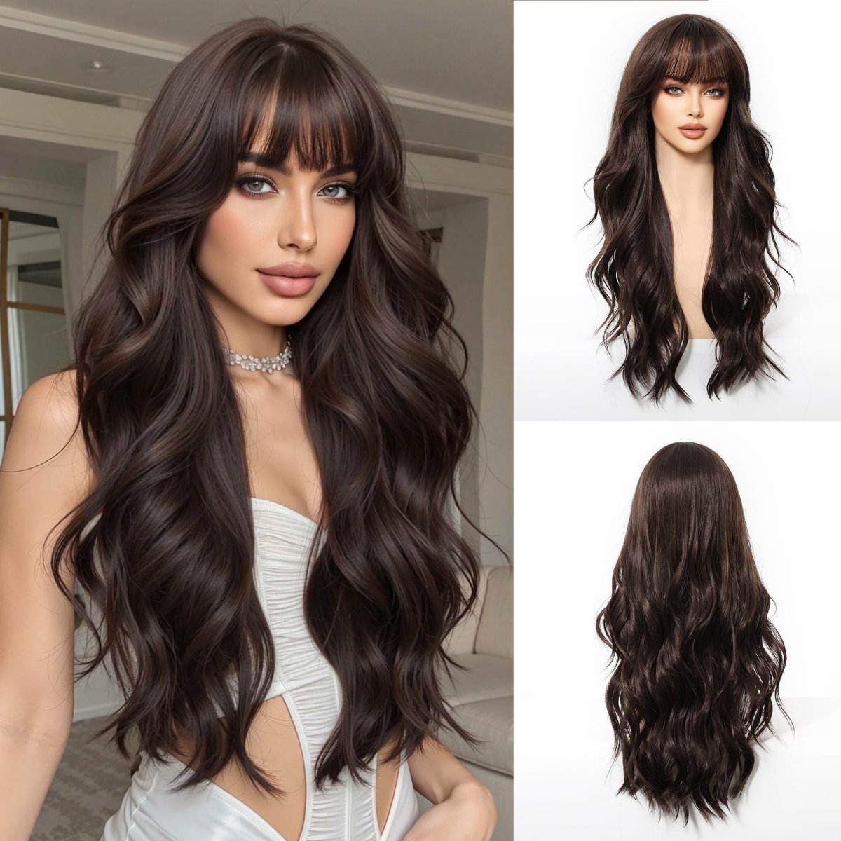 Long Wavy Dark Brown Wig - MARKETPLACE | Brown, Fringe, Synthetic Hair | Milk & Honey Wigs