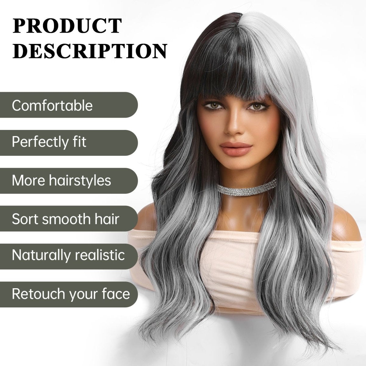 Long Wavy Ombre Wig- MARKETPLACE | Grey, Fringe, Synthetic Hair | Milk & Honey Wigs