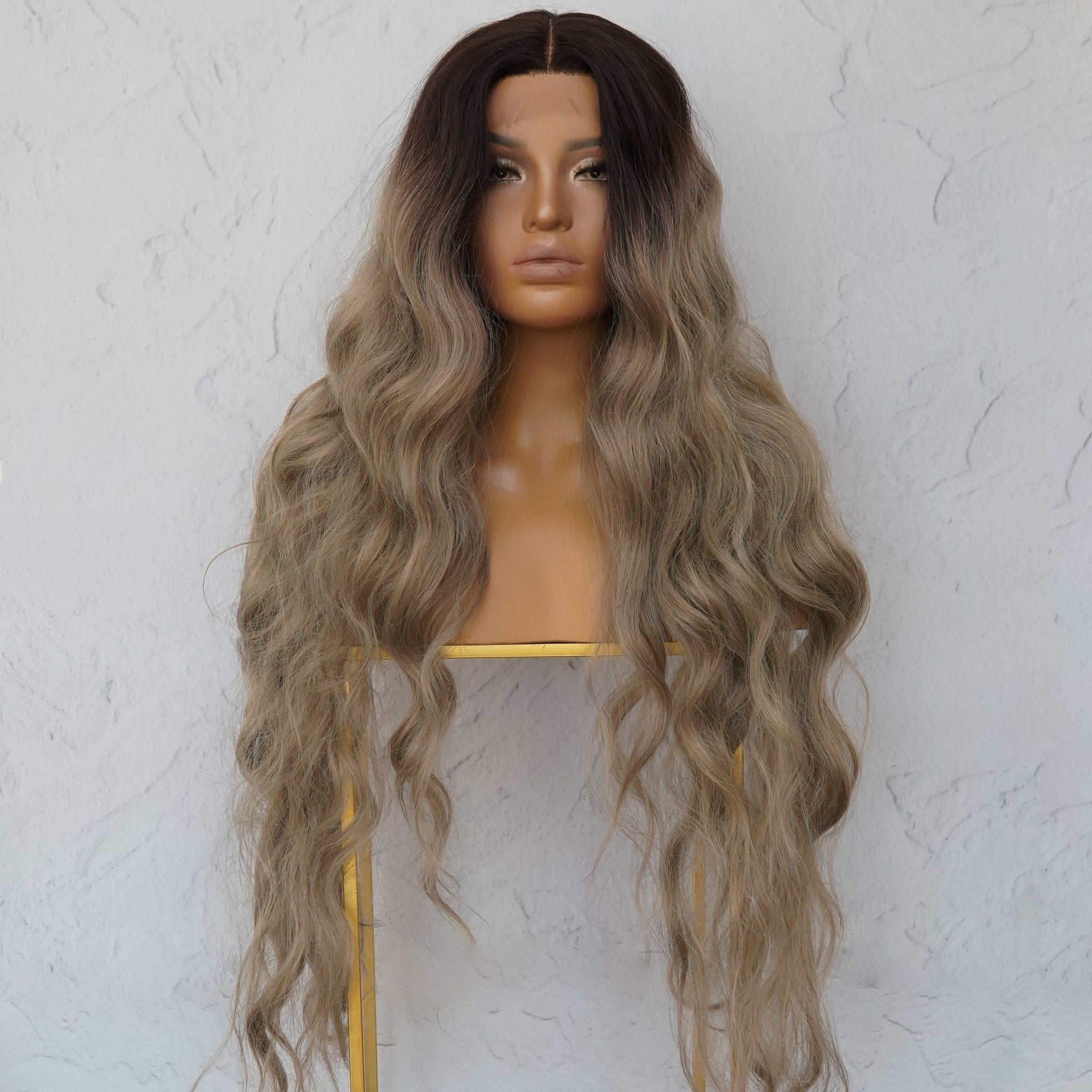 NERA - Ombre Ash Blonde - Lace Front Wig | Brown, 28 Inch+, T-Part Lace Front, Synthetic Hair | Milk & Honey Wigs