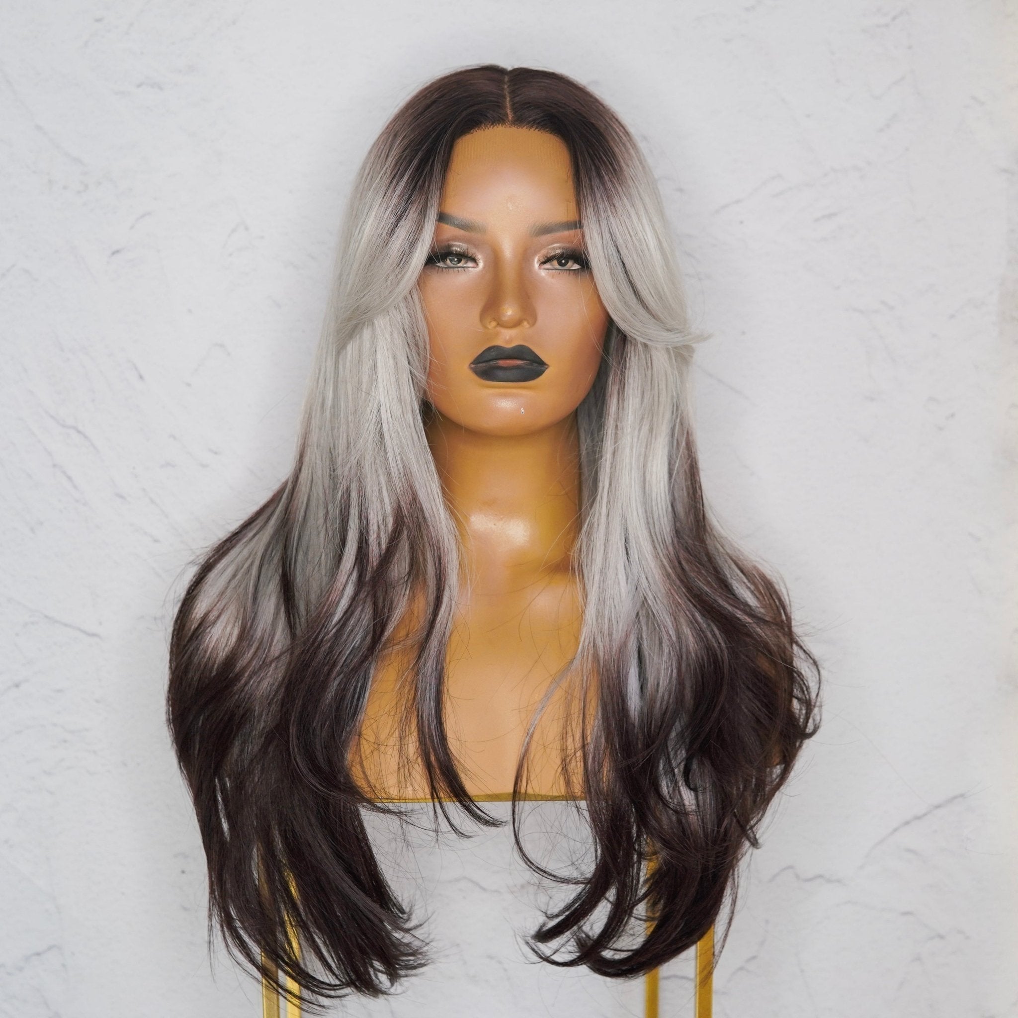 SELENE - Grey Black Ombre - Lace Front Wig | Grey, 22 Inch, T-Part Lace Front, Synthetic Hair | Milk & Honey Wigs