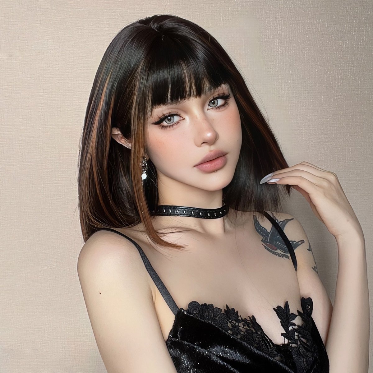 Sleek Black Bob Wig with Bangs and Caramel Highlights - MARKETPLACE | Black, Fringe, Synthetic Hair | Milk & Honey Wigs