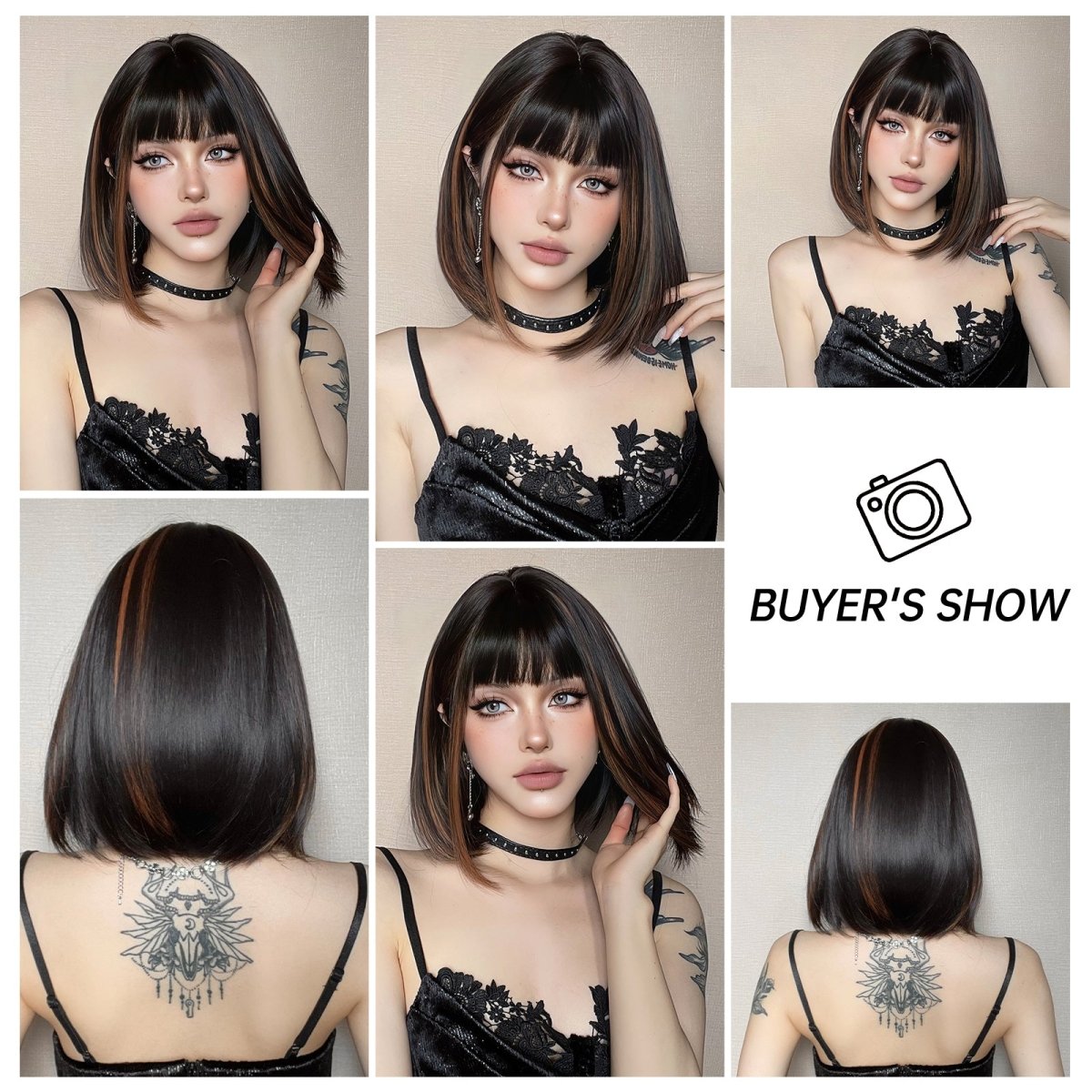 Sleek Black Bob Wig with Bangs and Caramel Highlights - MARKETPLACE | Black, Fringe, Synthetic Hair | Milk & Honey Wigs