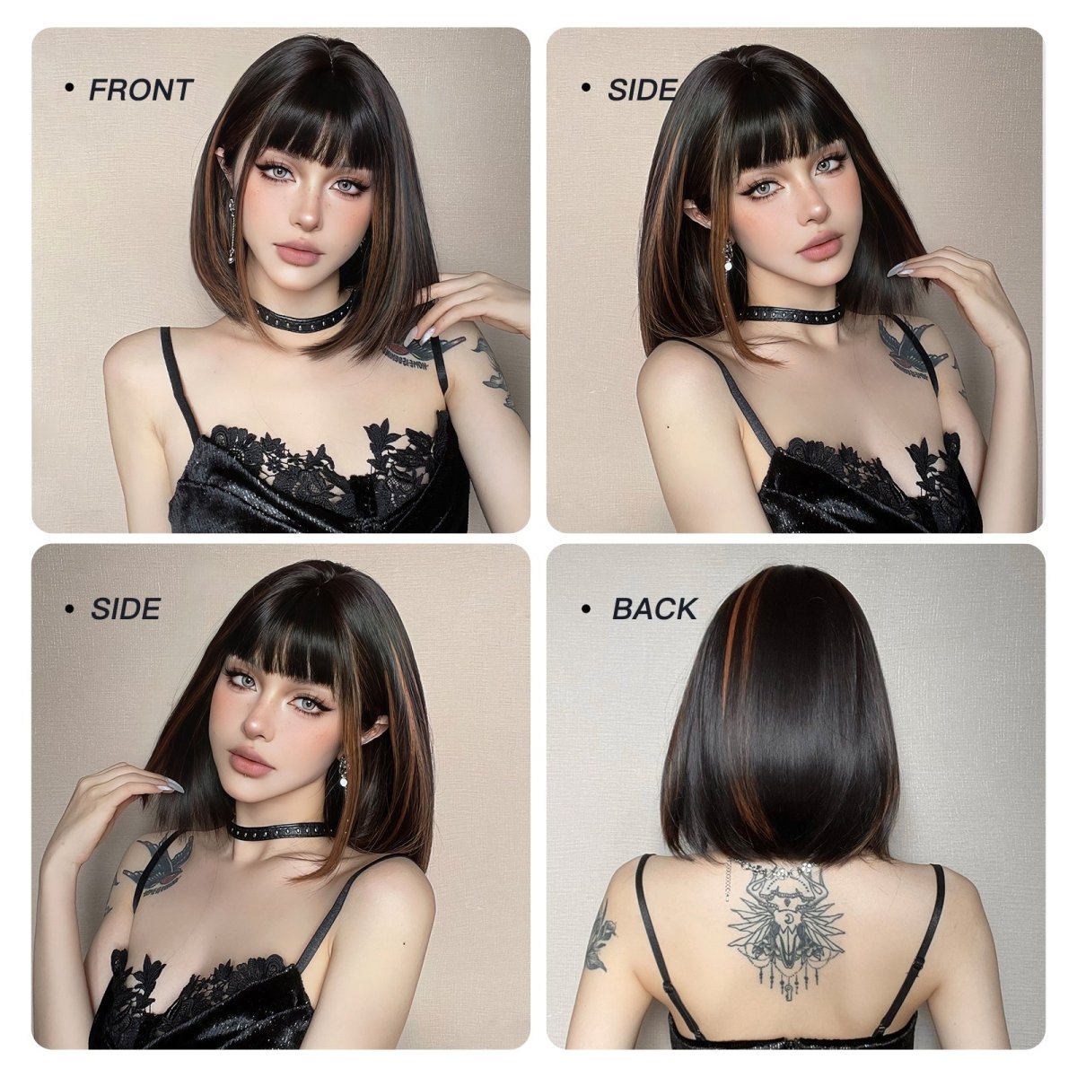 Sleek Black Bob Wig with Bangs and Caramel Highlights - MARKETPLACE | Black, Fringe, Synthetic Hair | Milk & Honey Wigs