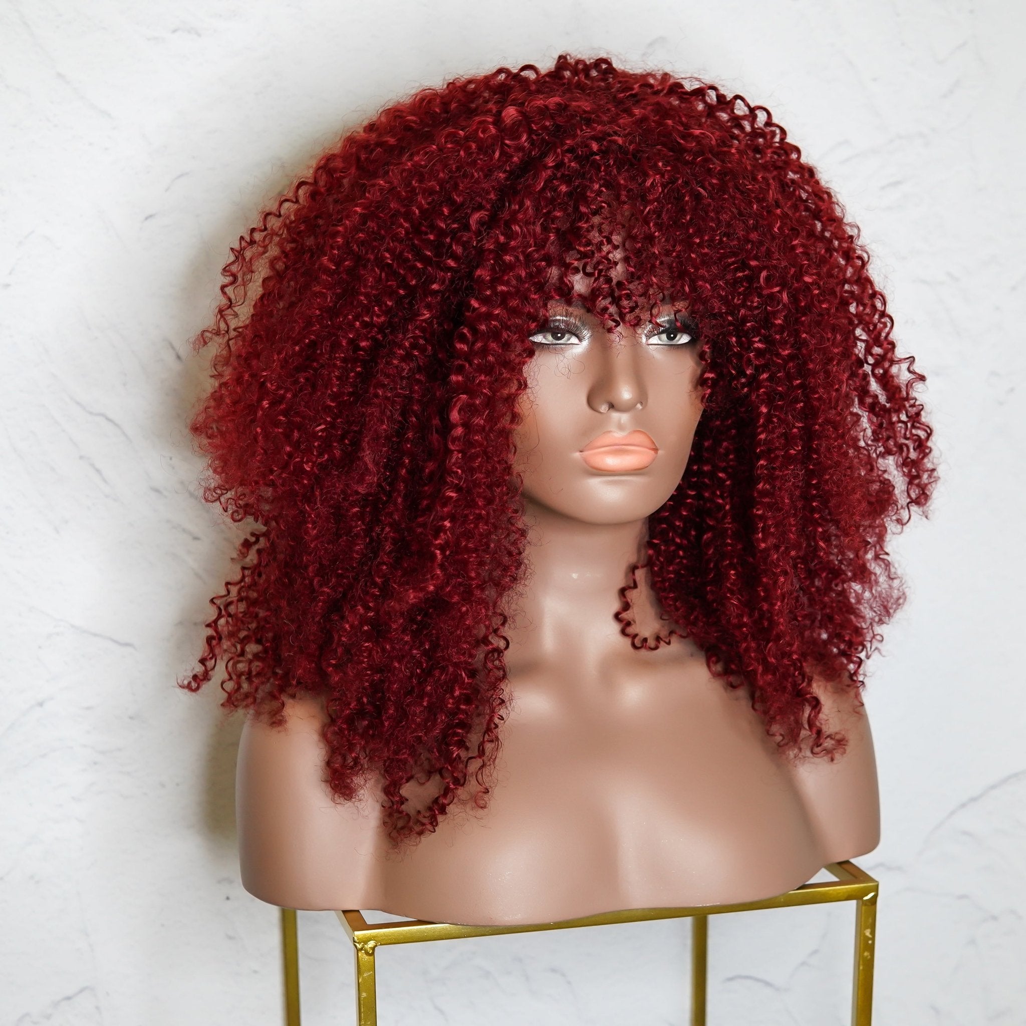 TYRA - Burgundy - Afro Curl Wig | Red, 18 Inch, Fringe, Synthetic Hair | Milk & Honey Wigs