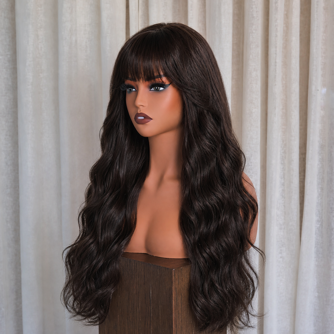 Dark Chocolate Wavy Wig with Full Fringe | Milk &amp; Honey Wigs