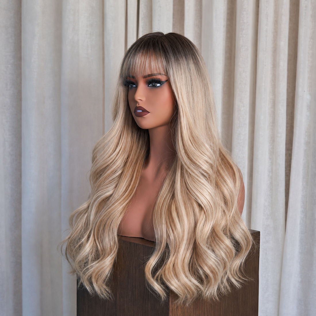 Extra Long Caramel Blonde With Root Wavy Fringe Wig | Milk &amp; Honey Wigs