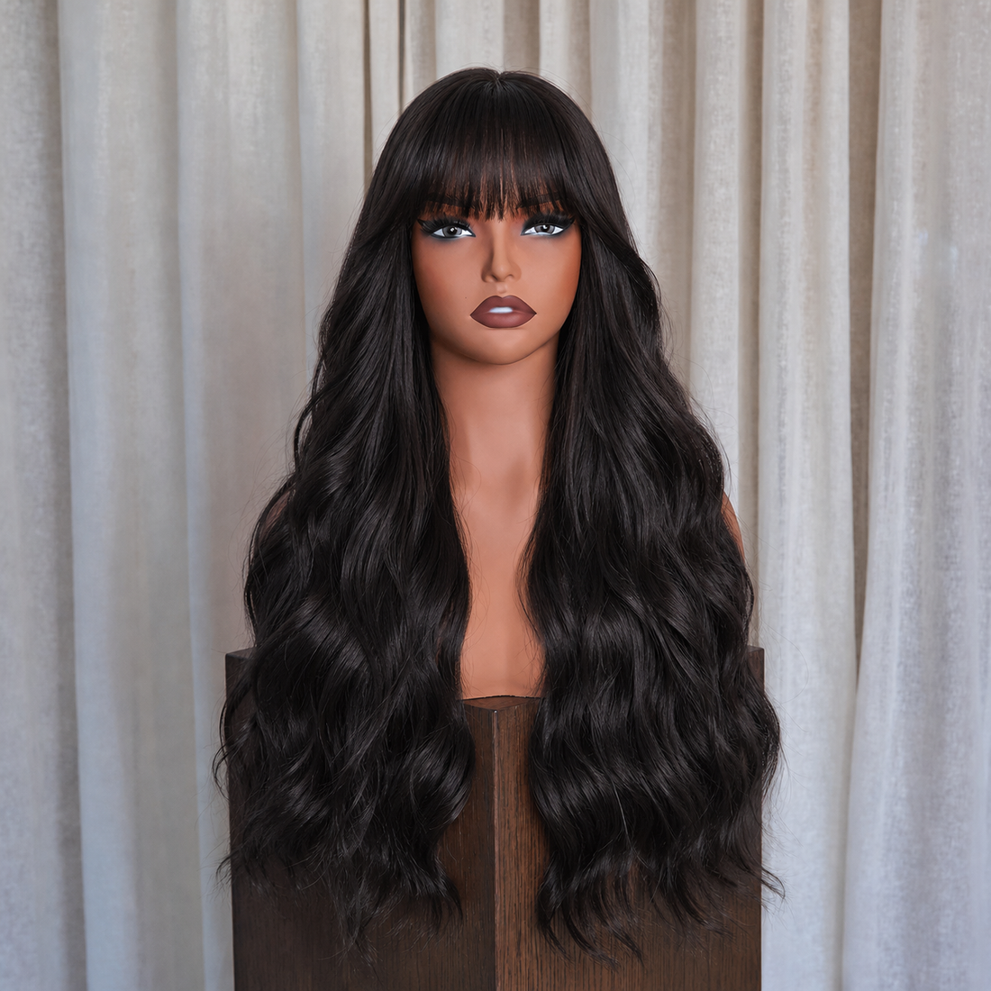 Jet Black Wavy with Full Fringe Wig | Milk &amp; Honey Wigs