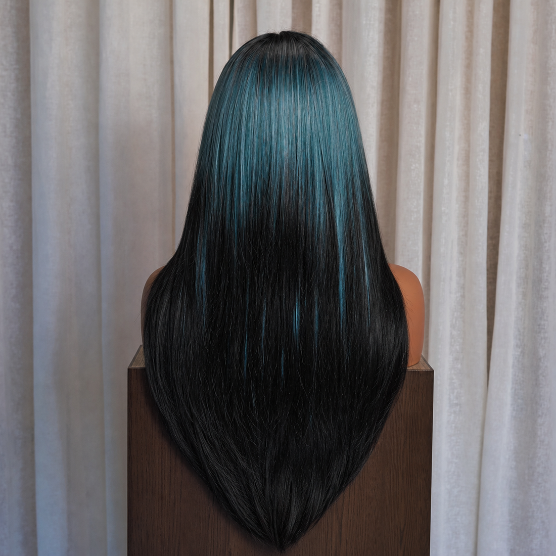 Teal Highlight Layered with Curtain Bangs Wig | Milk &amp; Honey Wigs