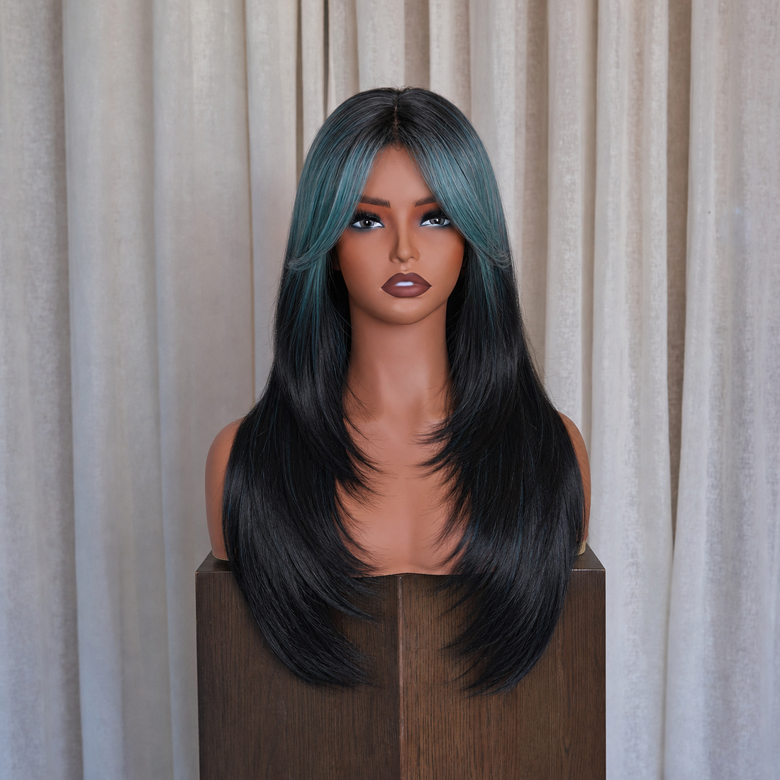 Teal Highlight Layered with Curtain Bangs Wig | Milk &amp; Honey Wigs
