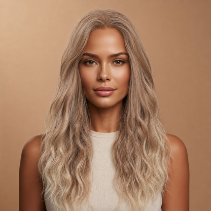 Long warm blonde synthetic wavy lace front wig | Milk &amp; Honey Wigs