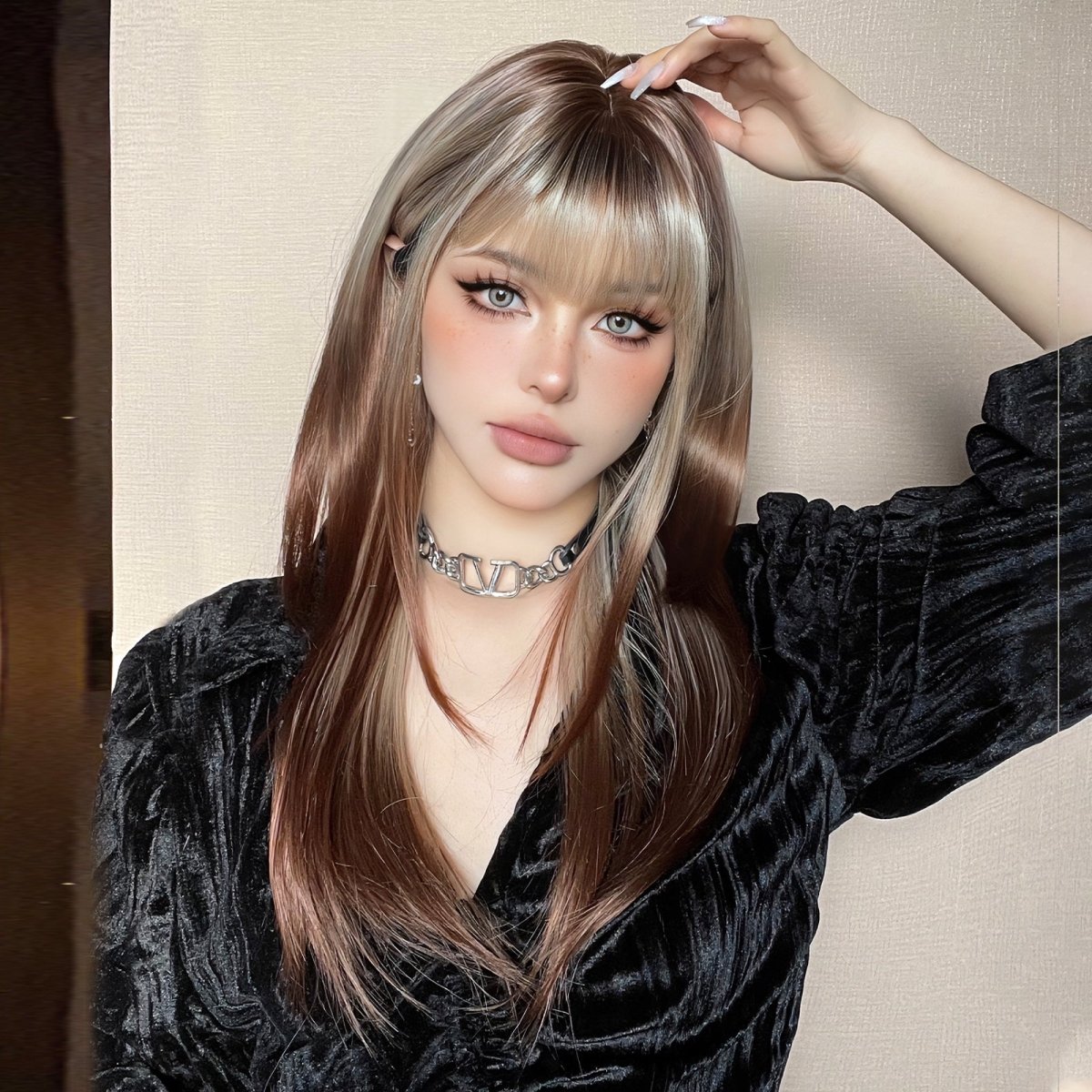 Ash Blonde and Chestnut Brown Layered Wig - MARKETPLACE | Brown, Fringe, Synthetic Hair | Milk &amp; Honey Wigs