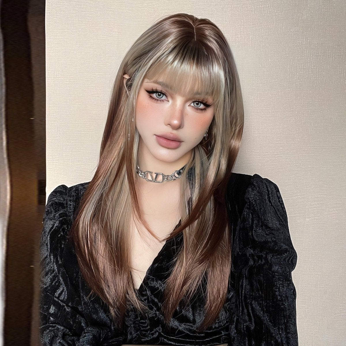 Ash Blonde and Chestnut Brown Layered Wig - MARKETPLACE | Brown, Fringe, Synthetic Hair | Milk &amp; Honey Wigs