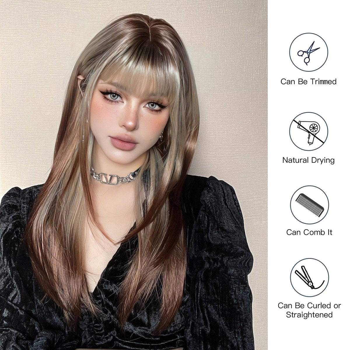 Ash Blonde and Chestnut Brown Layered Wig - MARKETPLACE | Brown, Fringe, Synthetic Hair | Milk &amp; Honey Wigs