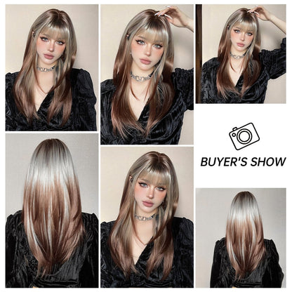 Ash Blonde and Chestnut Brown Layered Wig ash blonde chestnut brown synthetic layered lace front wig | Milk &amp; Honey Wigs