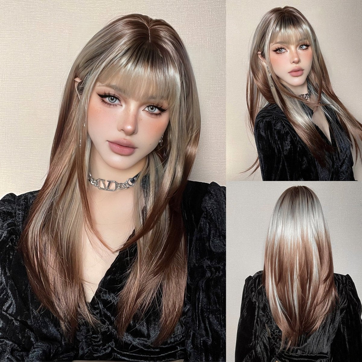 Ash Blonde and Chestnut Brown Layered Wig - MARKETPLACE | Brown, Fringe, Synthetic Hair | Milk &amp; Honey Wigs