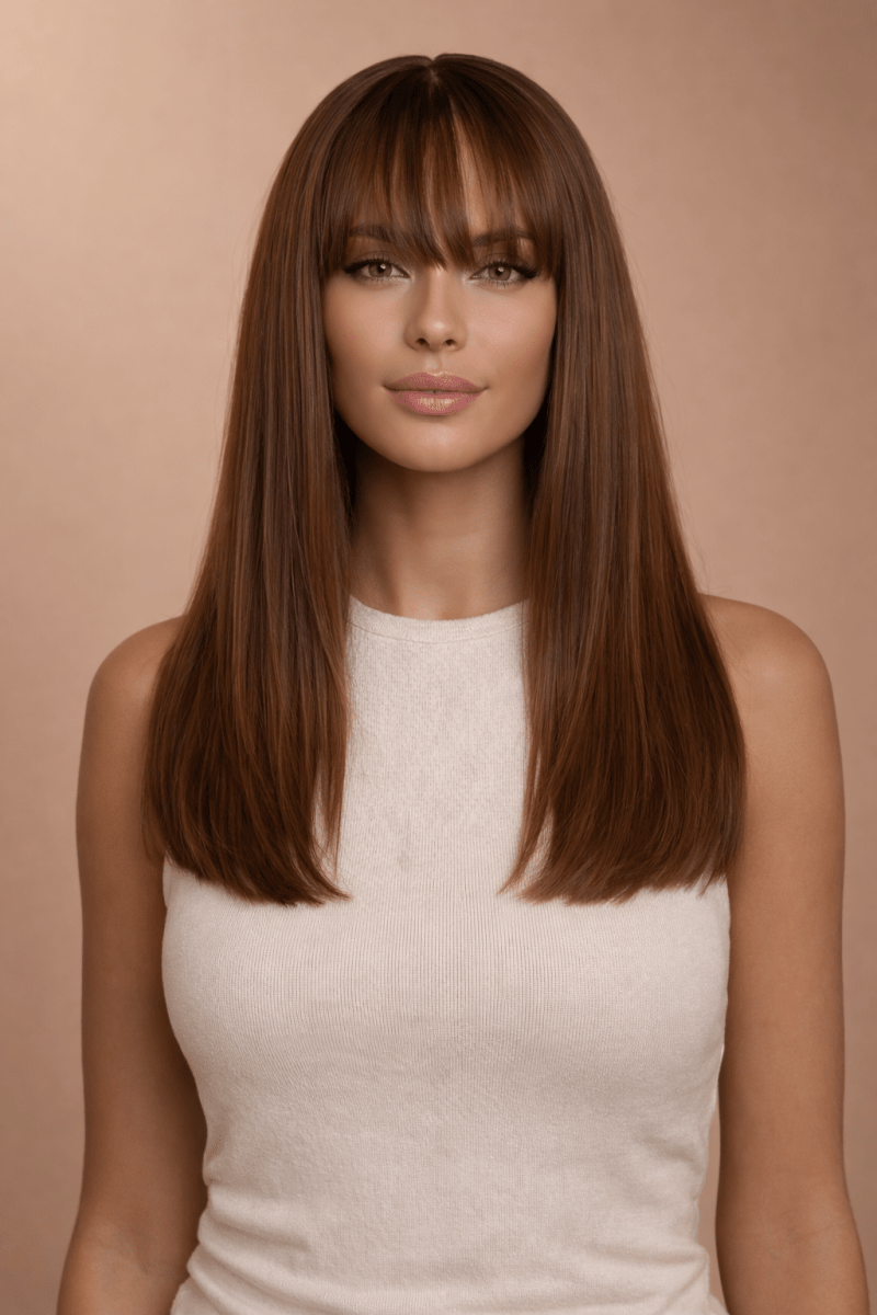 ASHLEY - Brown - Fringe Wig | Brown, 18 Inch, Fringe, Synthetic Hair | Milk &amp; Honey Wigs