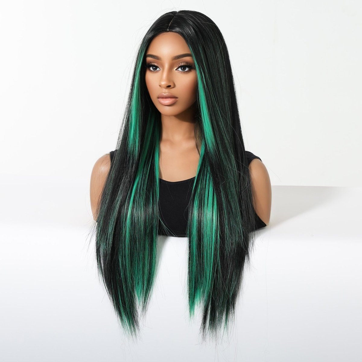 Black Wig with Emerald Green Face-Framing Highlights Wig - MARKETPLACE | Green, Fringe, Synthetic Hair | Milk &amp; Honey Wigs