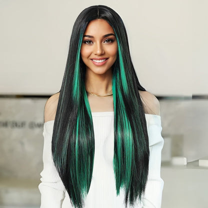 Black Wig with Emerald Green Highlights black green synthetic lace front wig | Milk &amp; Honey Wigs