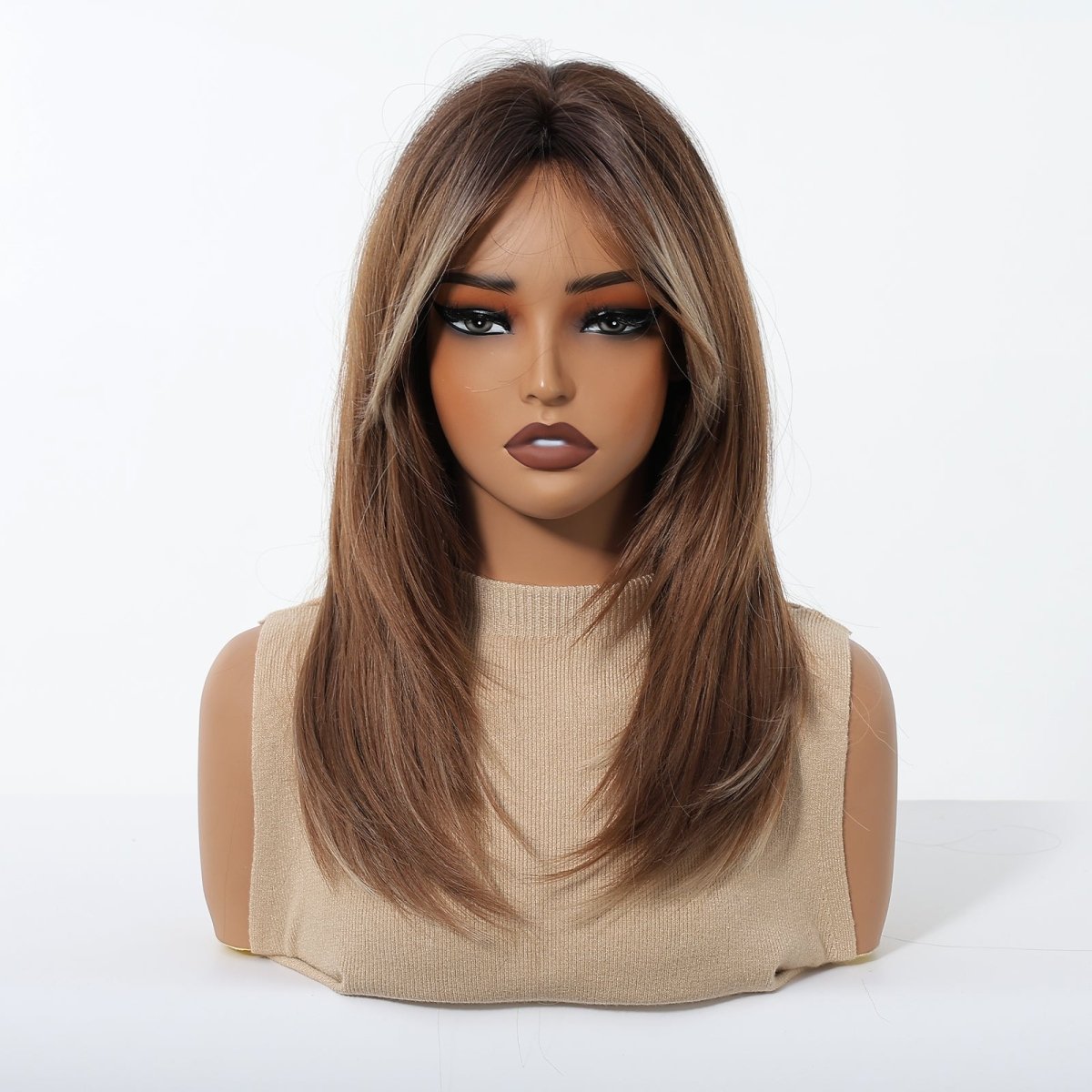 Caramel Brown with Ash Blonde Highlight Wig - MARKETPLACE | Brown, Fringe, Synthetic Hair | Milk &amp; Honey Wigs