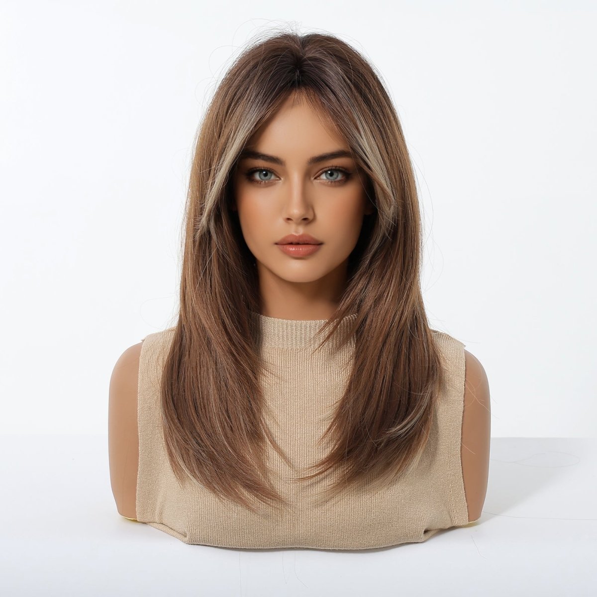 Caramel Brown with Ash Blonde Highlight Wig - MARKETPLACE | Brown, Fringe, Synthetic Hair | Milk &amp; Honey Wigs