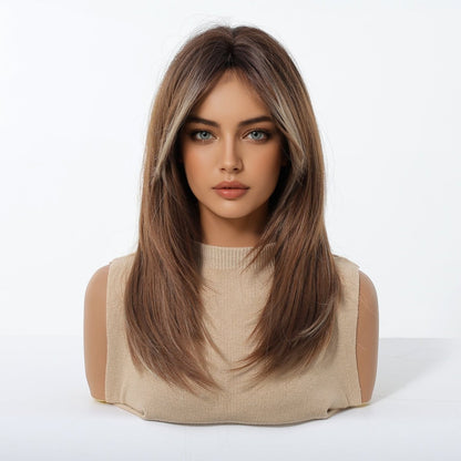 Caramel Brown with Ash Blonde Highlight Caramel Brown Ash Blonde synthetic lace front wig | Milk &amp; Honey Wigs