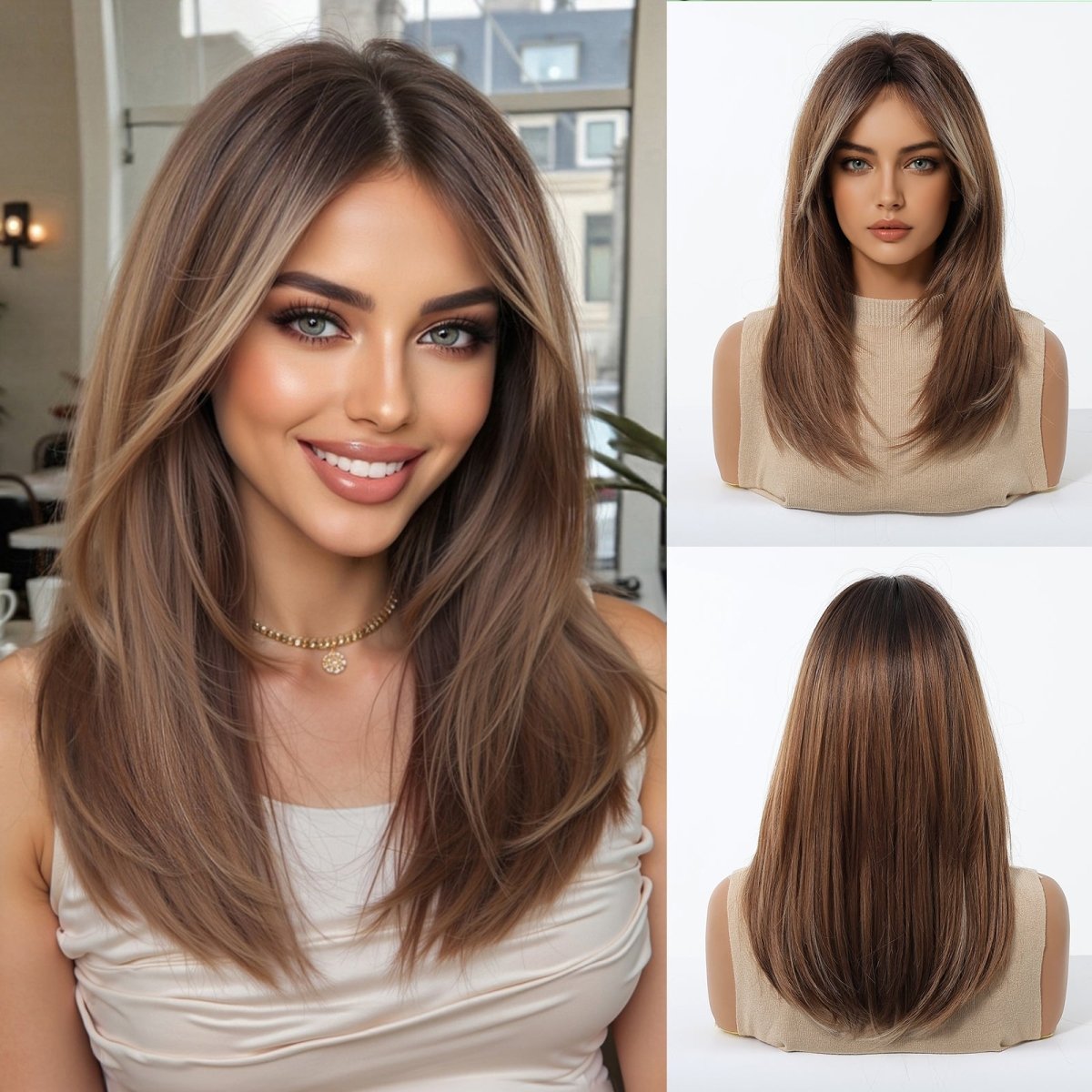 Caramel Brown with Ash Blonde Highlight Wig - MARKETPLACE | Brown, Fringe, Synthetic Hair | Milk &amp; Honey Wigs