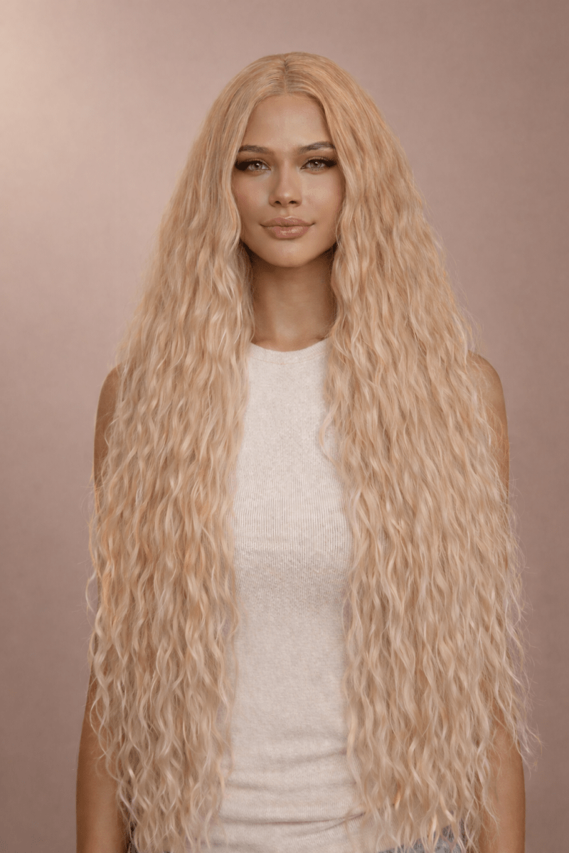 CARDI - Caramel - Lace Front Wig | Blonde, 28 Inch+, T-Part Lace Front, Synthetic Hair | Milk &amp; Honey Wigs