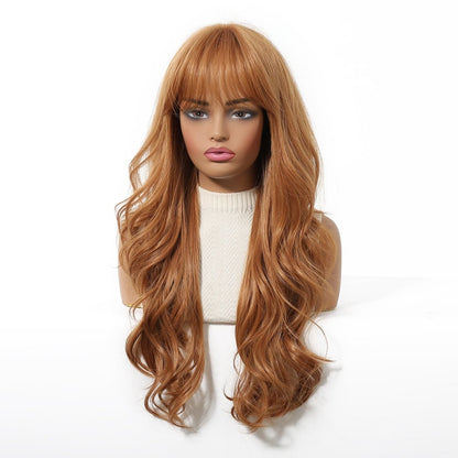 Copper Cinnamon Waves Blunt Fringe Wig copper synthetic wavy fringe wig | Milk &amp; Honey Wigs