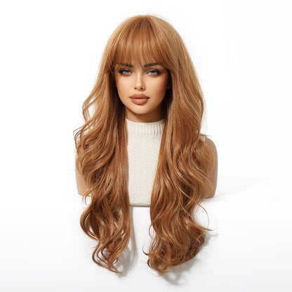 Copper Cinnamon Waves Blunt Fringe Wig copper synthetic wavy fringe wig | Milk &amp; Honey Wigs