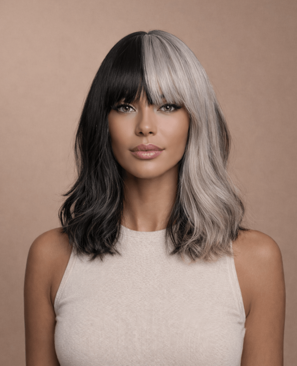 CRUELA - Half Grey Black - Fringe Wig | Grey, 12 Inch &amp; Shorter, Fringe, Synthetic Hair | Milk &amp; Honey Wigs