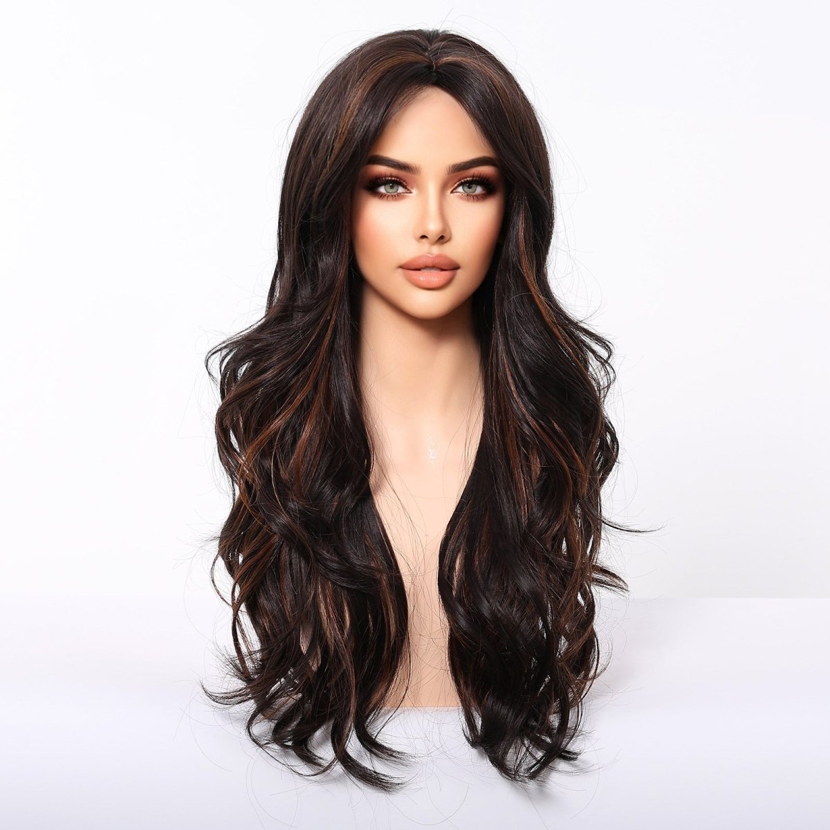 Dark Brown Wig Caramel Highlights Wig - MARKETPLACE | Brown, Fringe, Synthetic Hair | Milk &amp; Honey Wigs