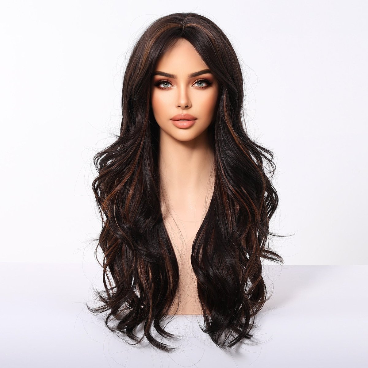 Dark Brown Wig Caramel Highlights Wig - MARKETPLACE | Brown, Fringe, Synthetic Hair | Milk &amp; Honey Wigs