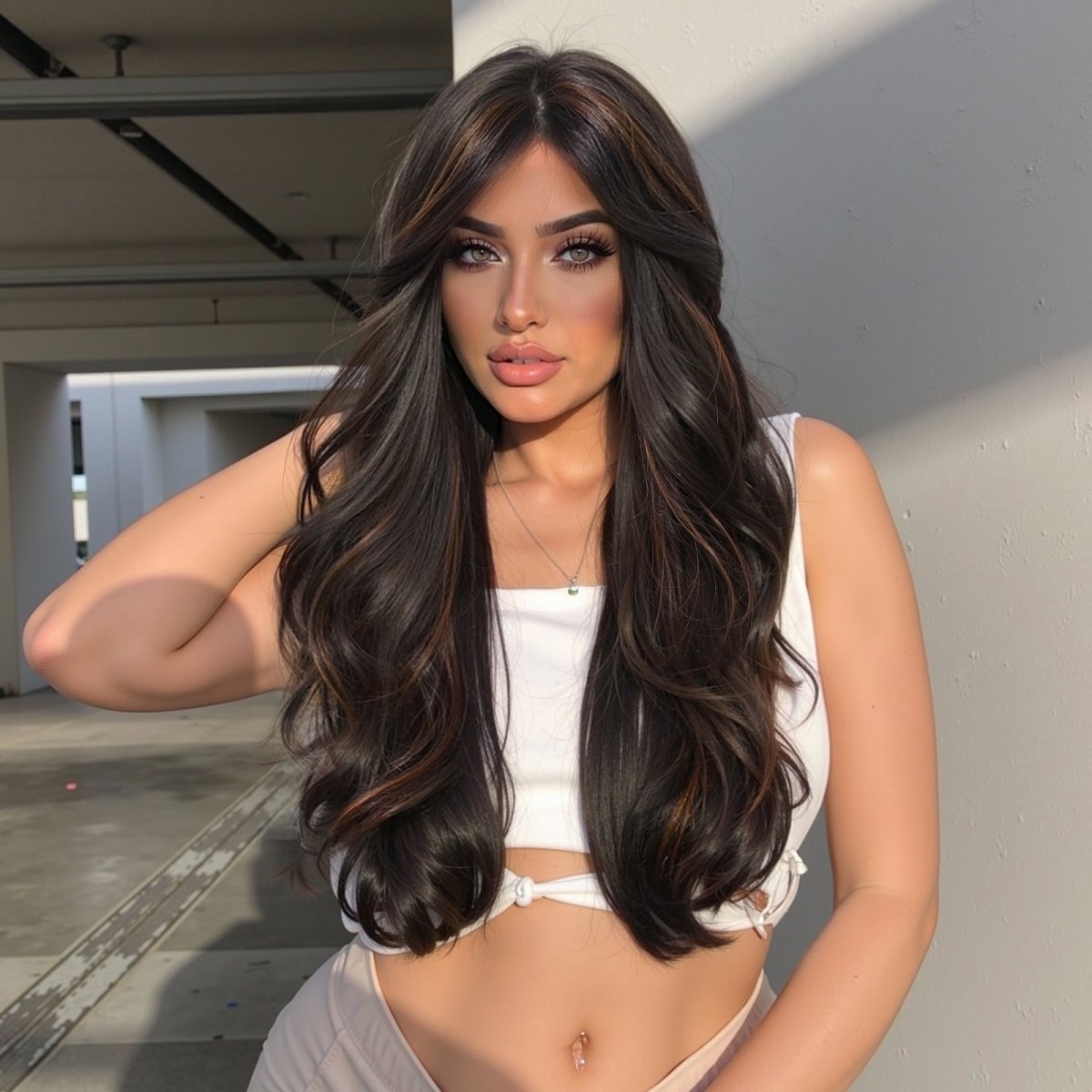 Dark Brown Wig Caramel Highlights Wig - MARKETPLACE | Brown, Fringe, Synthetic Hair | Milk &amp; Honey Wigs