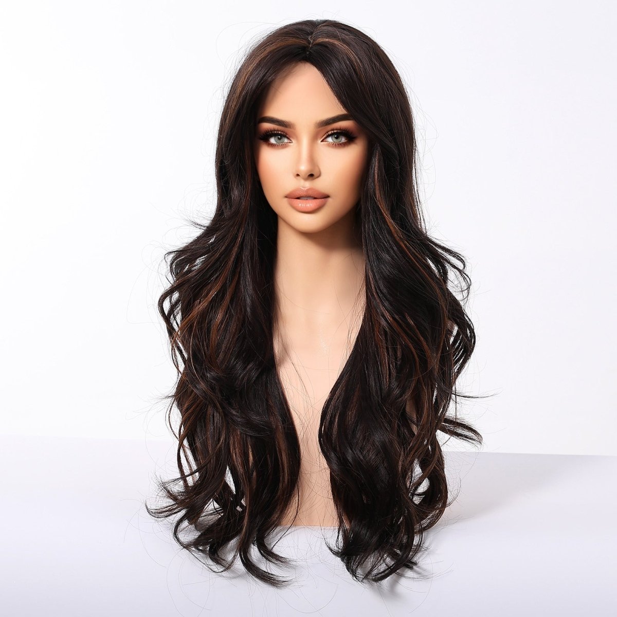 Dark Brown Wig Caramel Highlights Wig - MARKETPLACE | Brown, Fringe, Synthetic Hair | Milk &amp; Honey Wigs