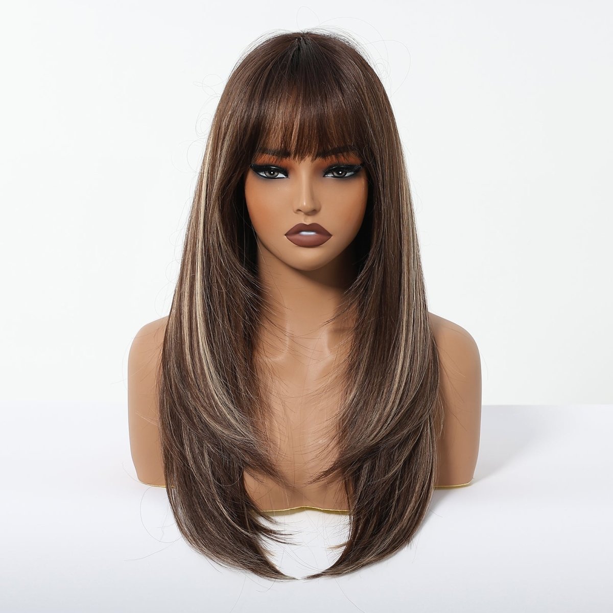 Dark Brown With Highlights Fringe Wig - MARKETPLACE | Brown, Fringe, Synthetic Hair | Milk &amp; Honey Wigs
