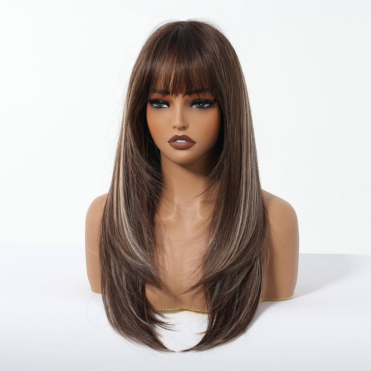 Dark Brown With Highlights Fringe Wig - MARKETPLACE | Brown, Fringe, Synthetic Hair | Milk &amp; Honey Wigs