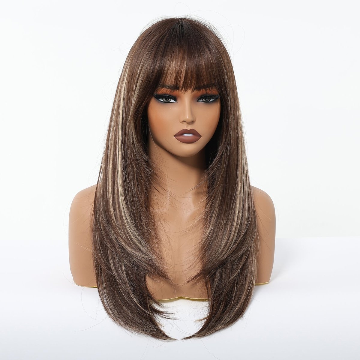 Dark Brown With Highlights Fringe Wig - MARKETPLACE | Brown, Fringe, Synthetic Hair | Milk &amp; Honey Wigs